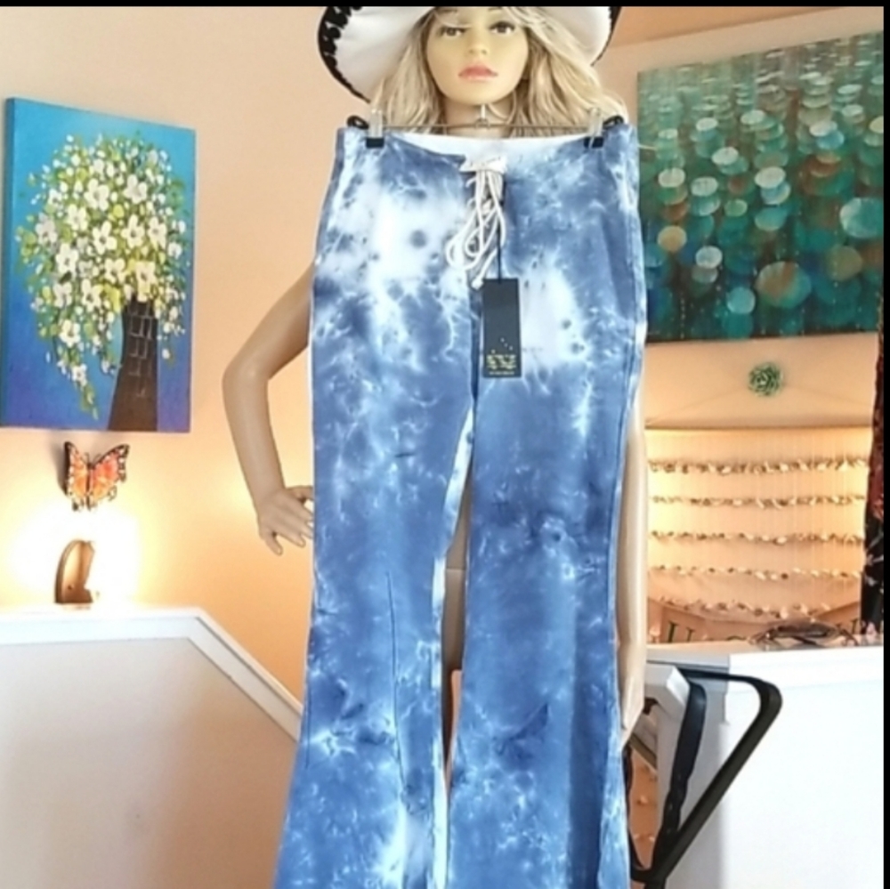 LENNI Free People Blue HTF Tie Dye Lace Up Bell Flare Jimmy Pants S 30W - Picture 4 of 16